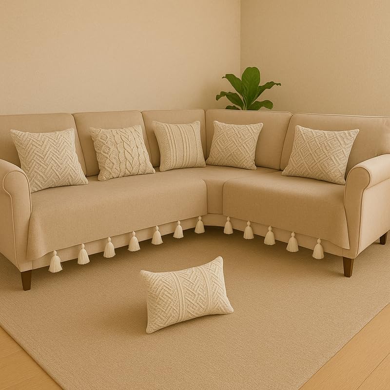 Image of WWW.THROWPILLOW.IN ThrowpillowTan L Shape Sofa Cover- 6 Seater Corner Sofa Cover with Tassels for Living Room - Fits 2 Seater + 3 Seater & Corner Sofa -5 Pc Set of 3 Seat Covers & 2 Armrest Covers|