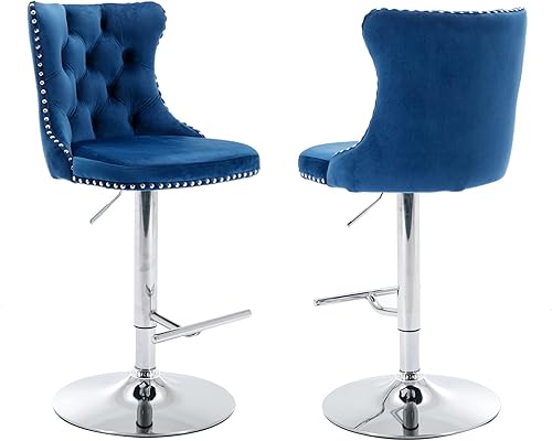 Miniatura 15 de Aoowow Juego de 2 taburetes de bar giratorios ajustables con respaldo de terciopelo copetudo, sillas de bar modernas tapizadas con cabeza de clavo