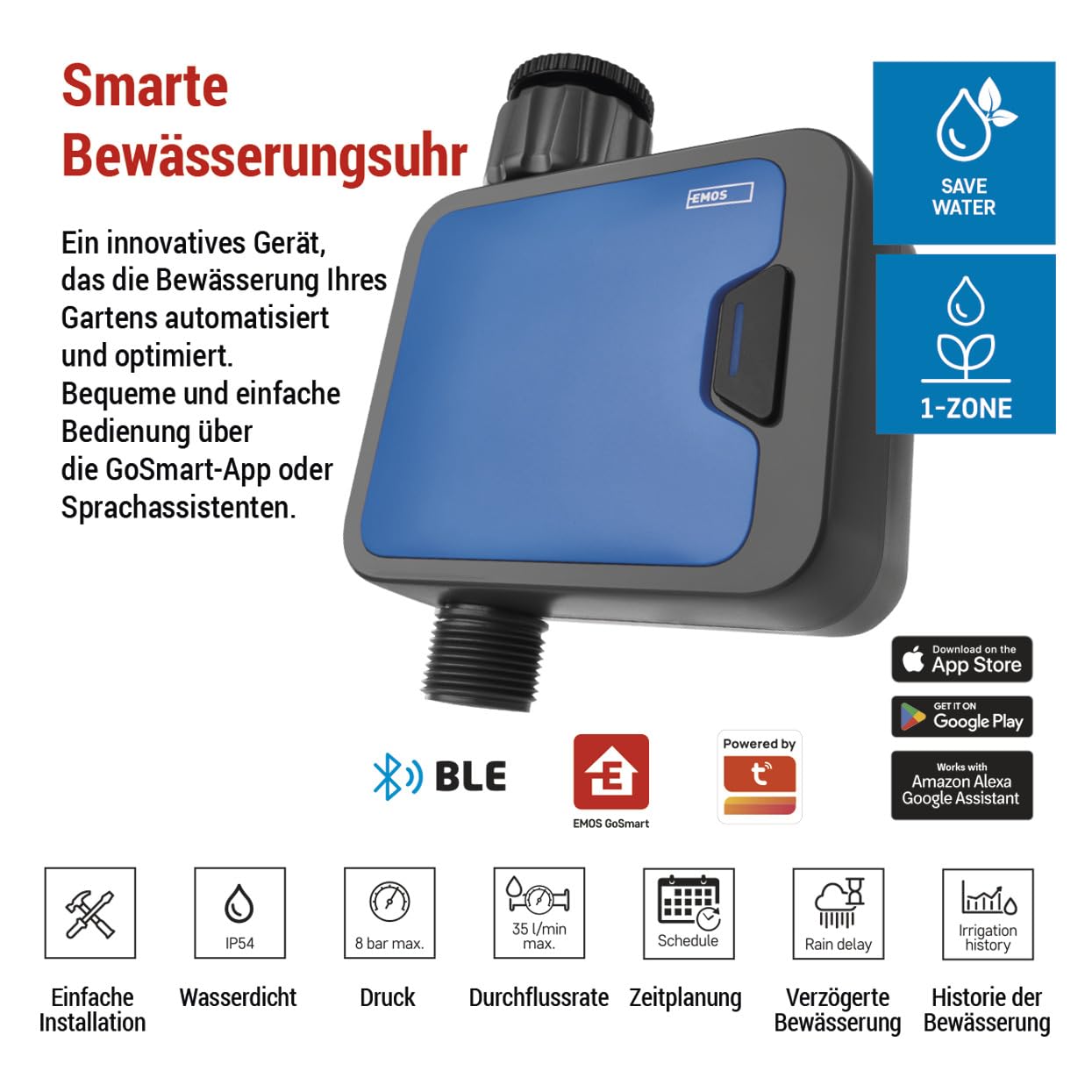 EMOS - smarte Bewässerungsuhr mit 1 Ausgang mit App, Bluetooth - ZigBee-Hub erforderlich - Batteriebetrieb - automatisierte Bewässerungs-Steuerung 1min–24h, 8bar, 35 l/min - für 1″ und 3/4″ Gewinde