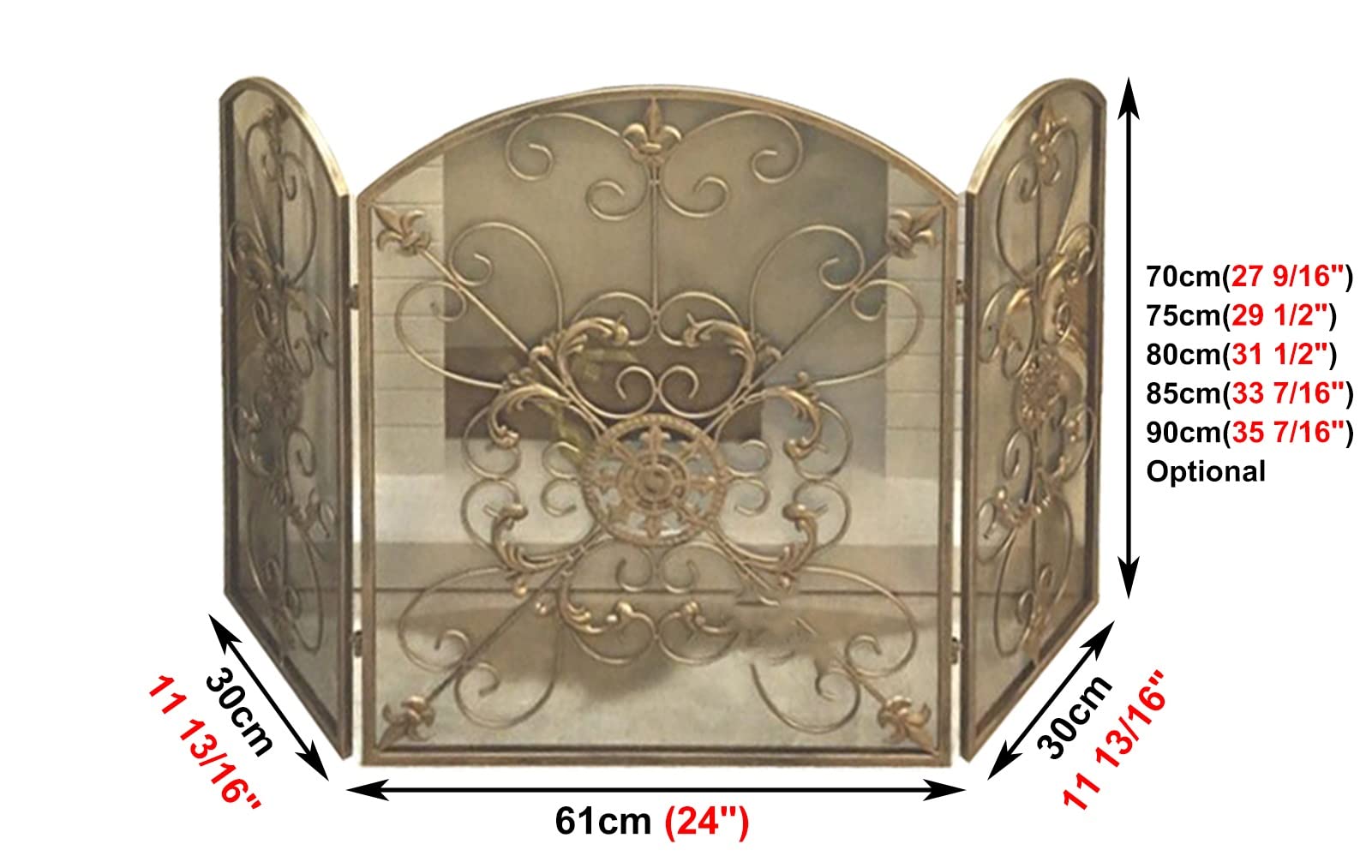 Paravento pieghevole a 3 pannelli con finitura rustica dorata, accessorio per focolare a legna e carbone per la decorazione domestica