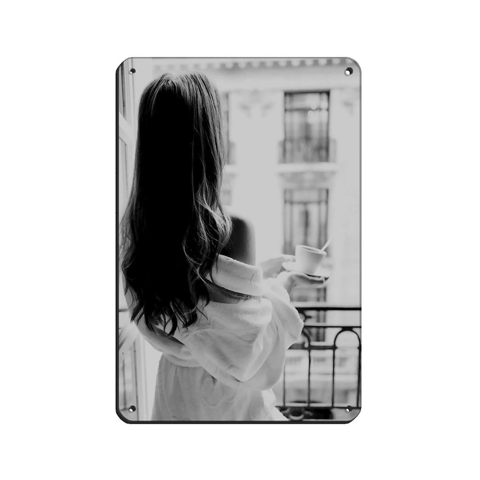 Woman Drinking Coffee in Window Retro Poster Metal Tin Sign Chic Art Retro Iron Painting Bar People Cave Cafe Family Garage Poster Wall Decoration 8x12inch(20x30cm)