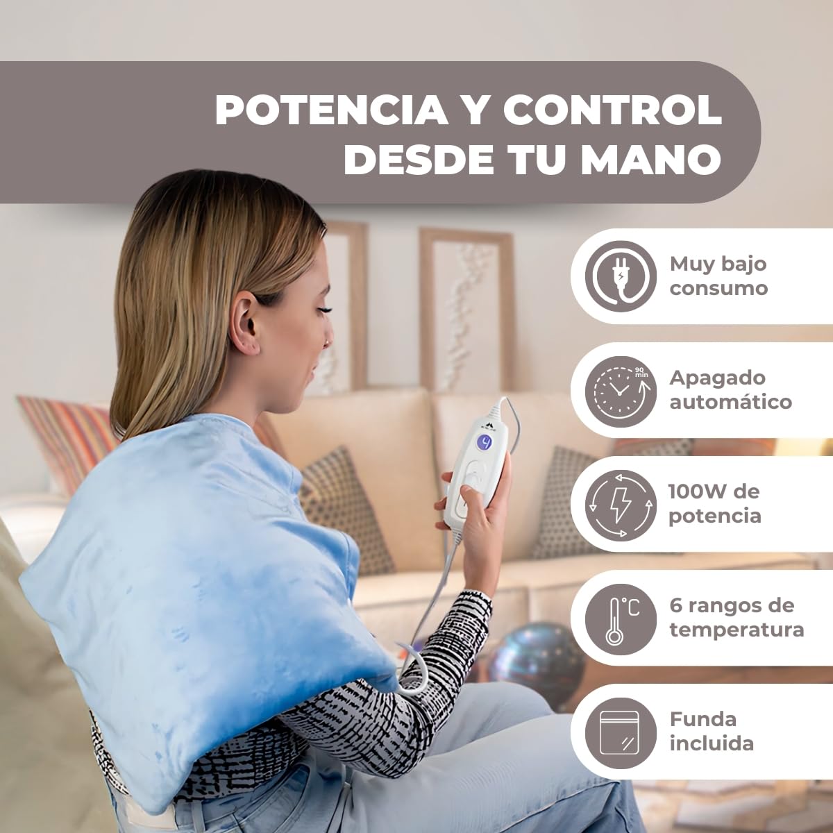 Mobiclinic, Almohadilla eléctrica, Térmica dorsal, 6 niveles de calor, Muy bajo consumo, 100w, Apagado automático, Para espalda, Lumbares y cervicales, Lavable, Esterilla, 40x30