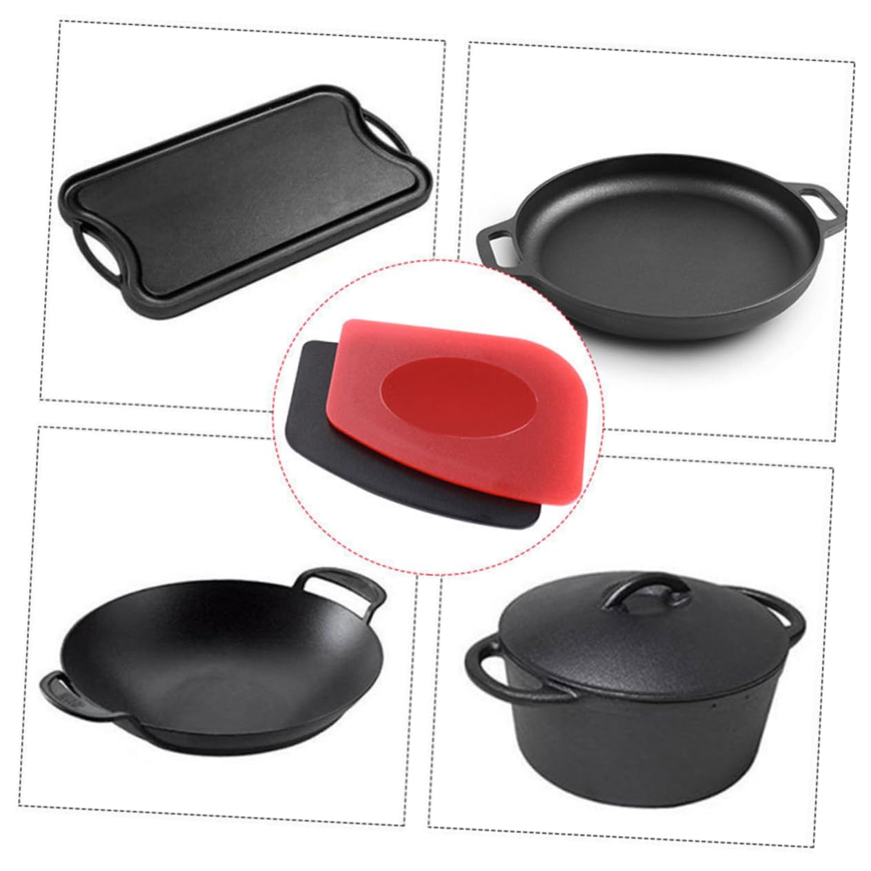 DECOMELODY 4Pcs Durable Pan Scraper Ergonomic BBQ Grill Tool with Serrated Edge for Easy Removal for Cast Pans and Griddle Slip