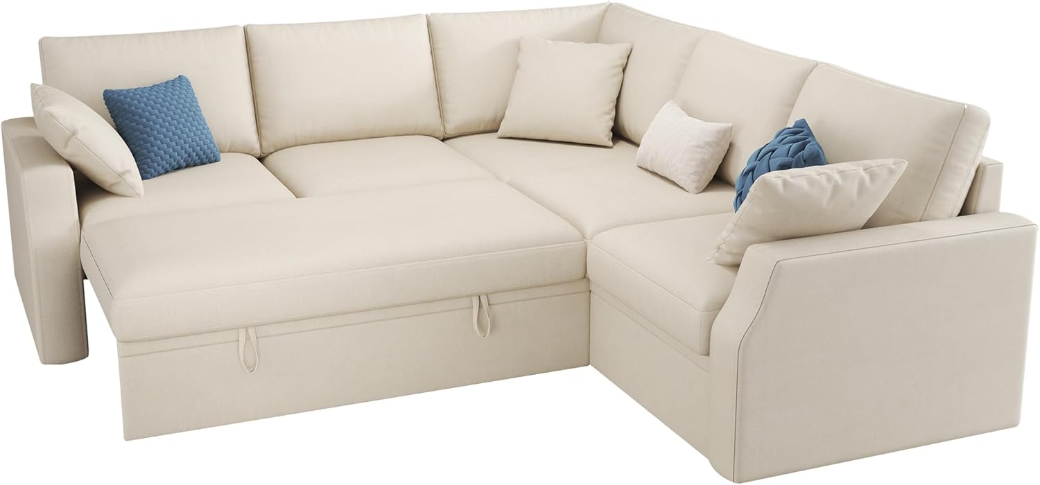 VanAcc Sofa Bed, 85 Inch Sleeper Couch with Storage Seat, L Shaped Sofa with Pull Out Sofa Bed, Sectional Couches for Living Room Apartment, Beige Linen Couch Sofa