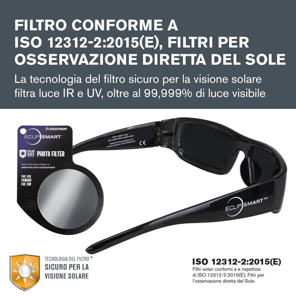Celestron EclipSmart Kit osservazione/immagini eclissi solari 3 pezzi. Occhiali solari, filtro fotocamera, guida eclissi. Filtri conformi norme di sicurezza internazionali per l’osservazione solare