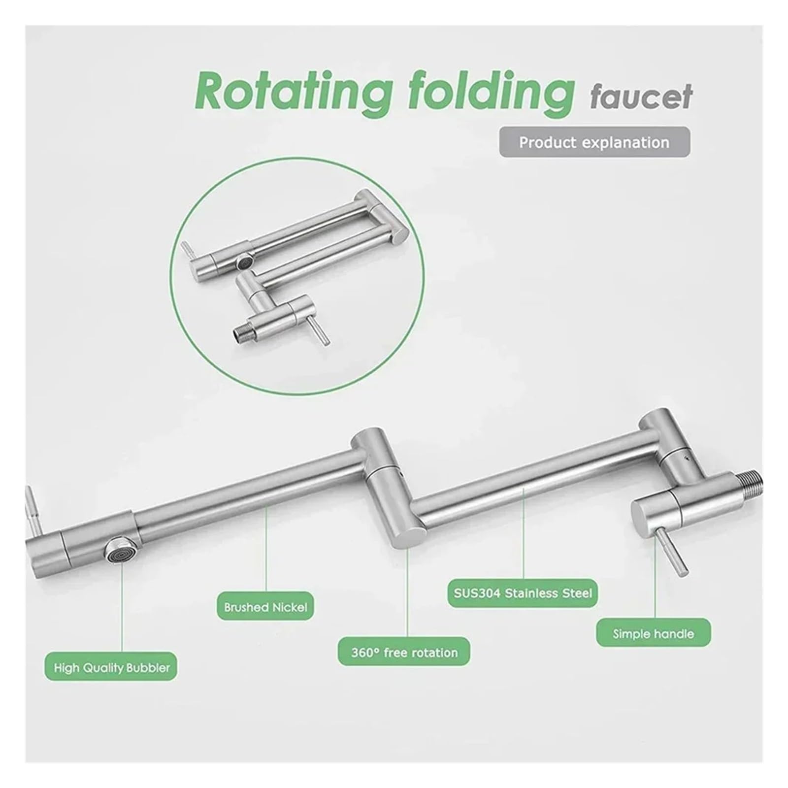 Grifo de Cocina montado en la Pared de latón con un Solo Orificio, Soporte Doble montado en la Pared, Grifo Plegable for llenado de ollas, Giratorio y Plegable