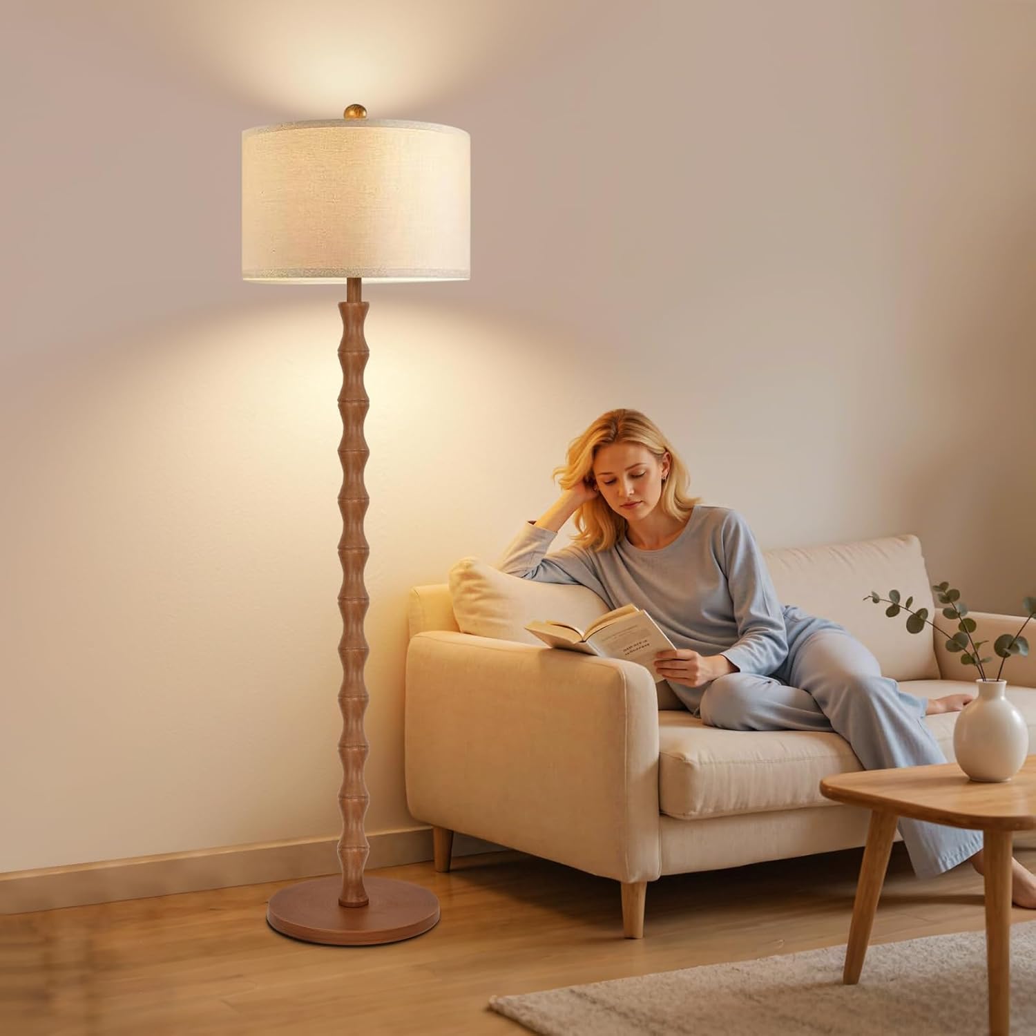 Wood Floor Lamp with 3 Color Temperatures,Boho Floor Lamp with Remote Control,Dimmable Vintage Floor Lamp Mid Century Modern Standing Lamp Farmhouse Tall Pole Lamp for Living Room Bedroom