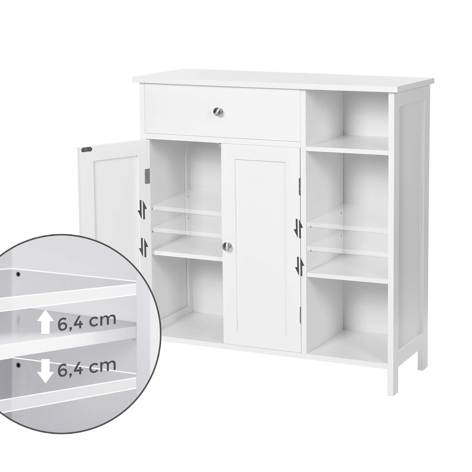 VASAGLE BBC142W01 Szafka łazienkowa, organizer do przechowywania, szafka z szufladą, 3 otwarte półki, regulowane półki, 2 drzwi, 75 x 30 x 80 cm, styl skandynawski, biały matowy