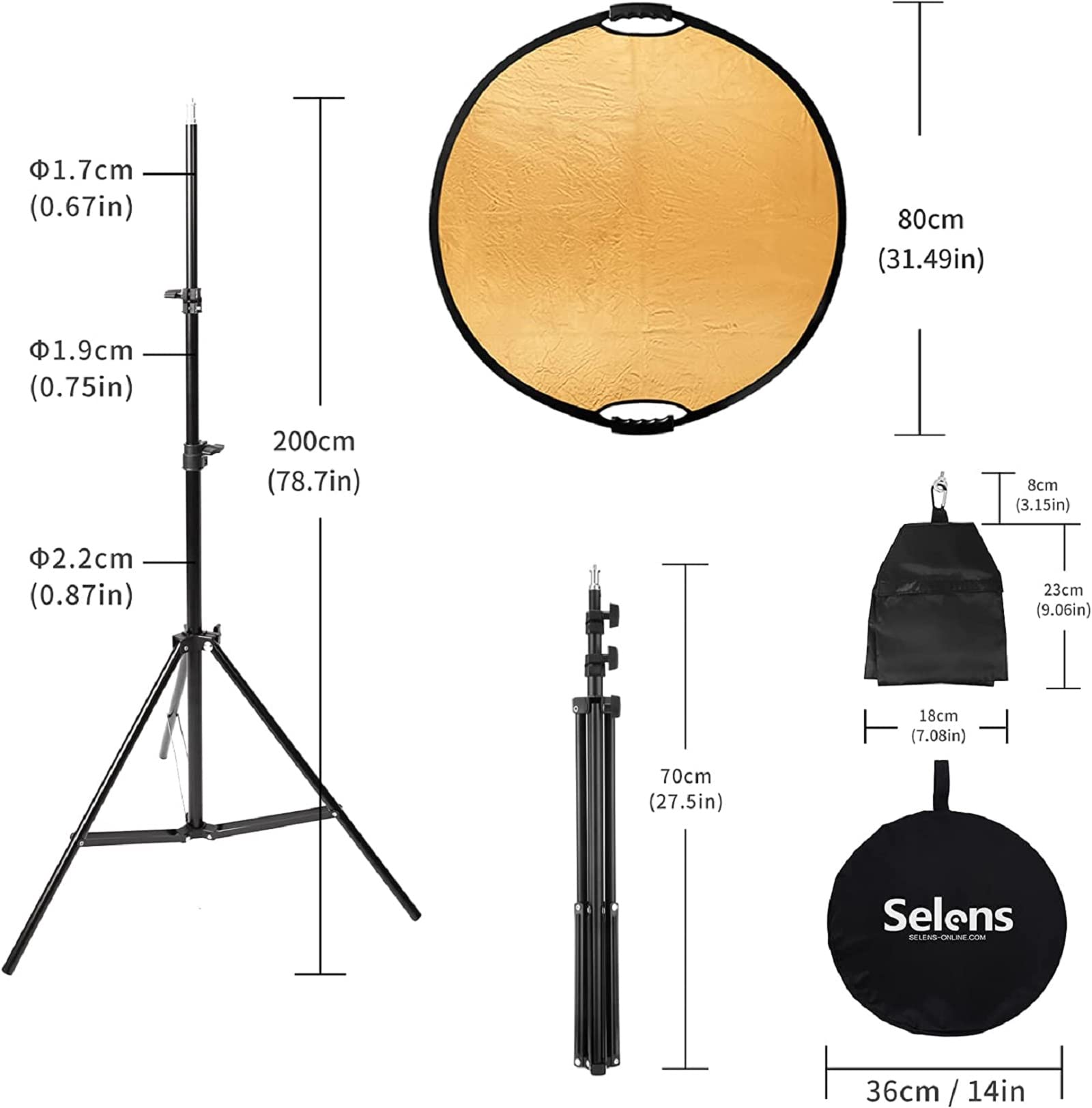 Selens 5 w 1 reflektor fotograficzny, okrągły, składany reflektor o długości 80 cm + stojak na światło 200 cm + worek na piasek + wysuwany uchwyt, przenośny dyfuzor złoty/srebrny/biały/czarny i