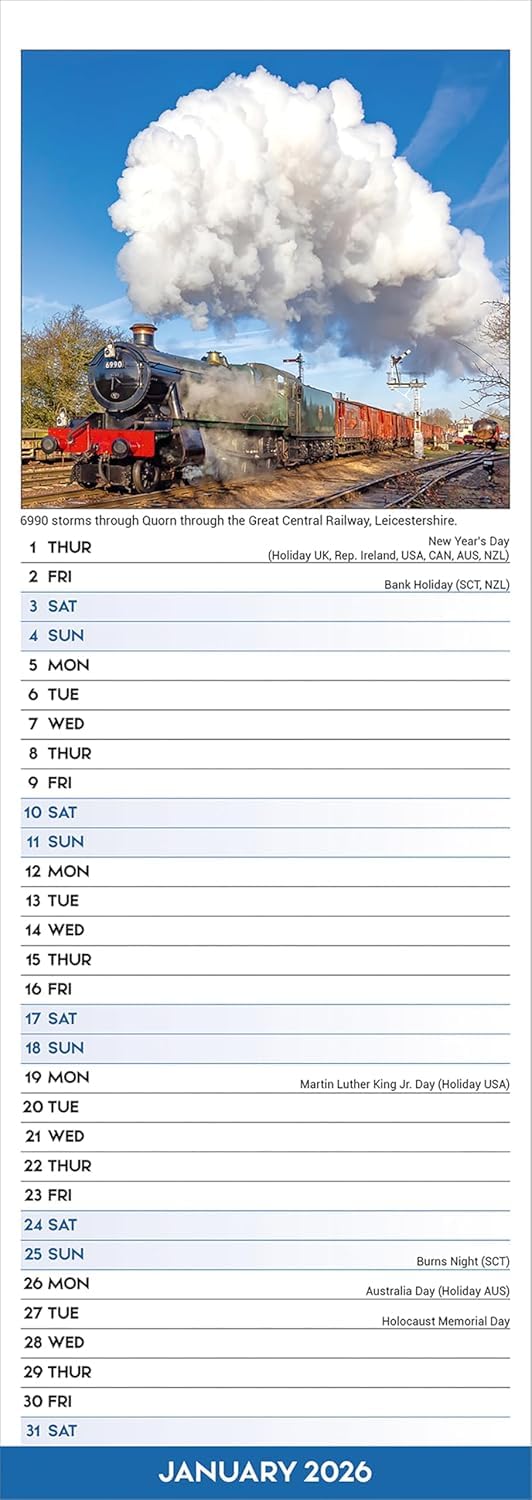 Steam Trains 2026 Slim Wall Calendar - Month To View, 12 Amazing