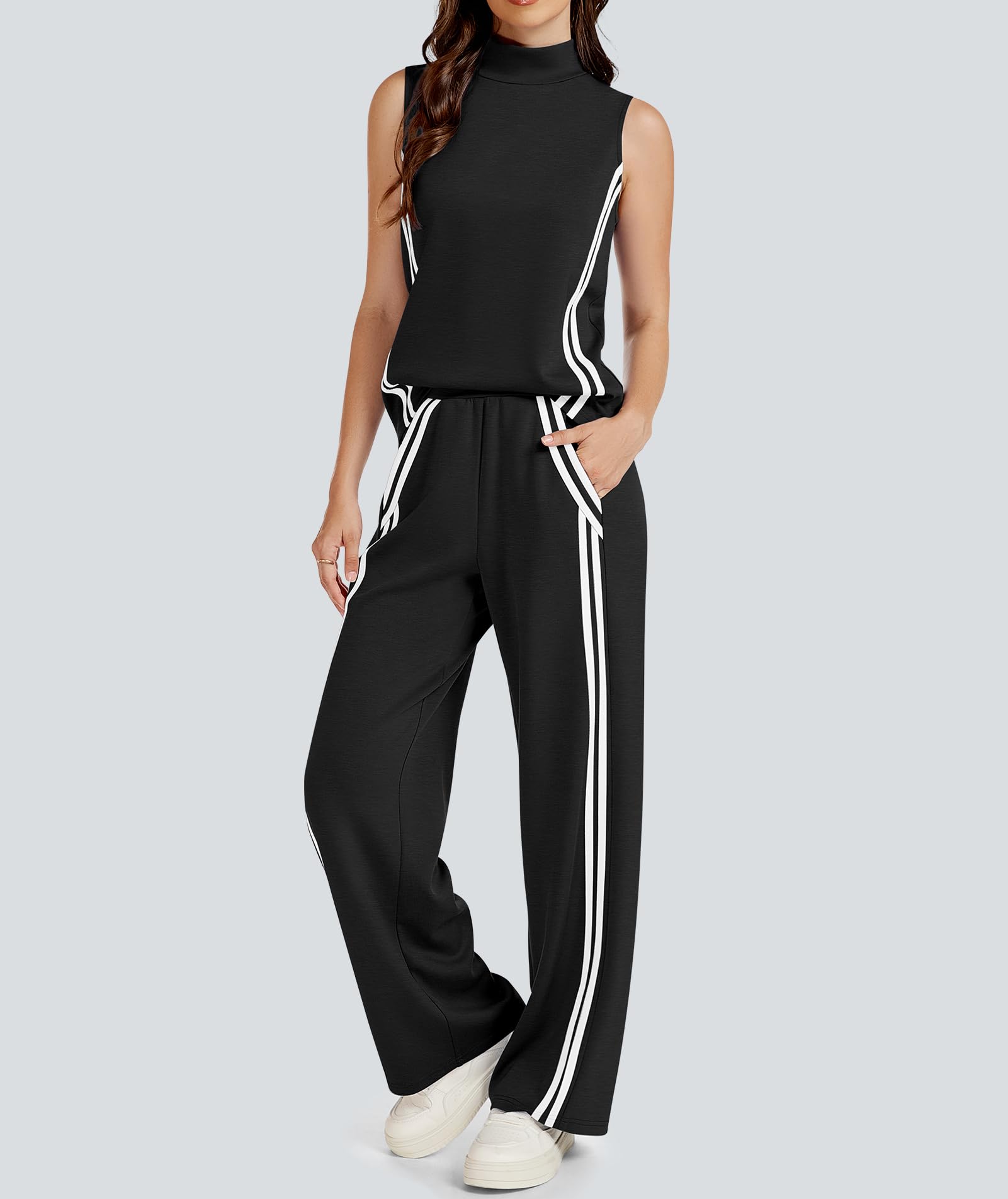 Casly Lamiit Conjunto de 2 piezas para mujer, conjunto de descanso a rayas, traje de viaje, sudadera con cuello alto falso, pantalones de pierna ancha, ropa deportiva casual