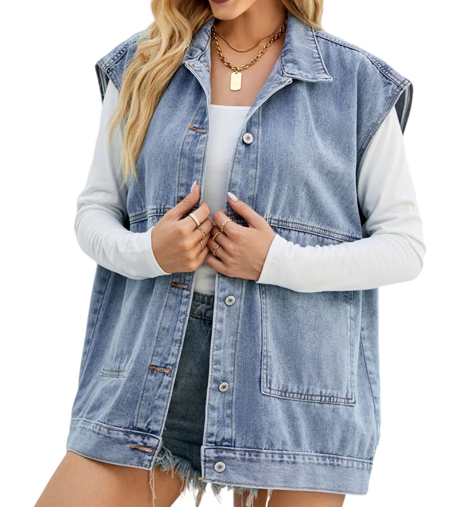 PAODIKUAI Gilet di jeans oversize da donna Mid Long Jean Gilet senza maniche Giacche in cotone invecchiato