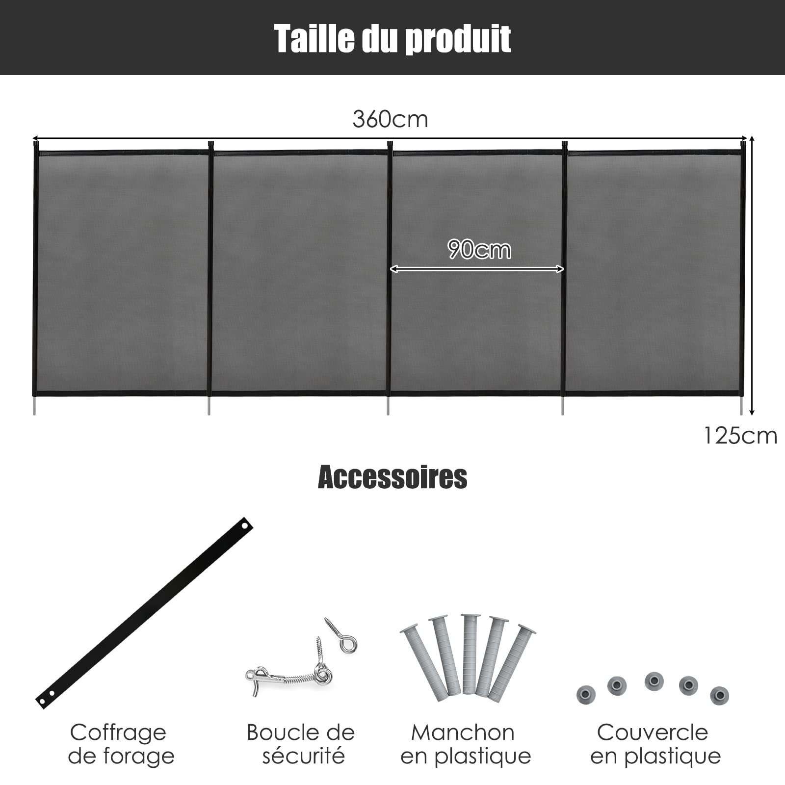 COSTWAY Barrière de Protection Piscine 360 x 125 cm, Clôture Barrière de Sécurité pour Piscine en Tissu Cadre en Aluminium Résistant 4 Panneaux, Noir (2)