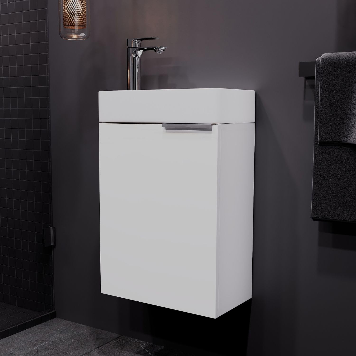 Planetmöbel Mobile bagno sottolavabo 40 cm con rubinetto cromata, mobiletto bagno con lavabo per bagni piccoli, WC ospiti, bianco
