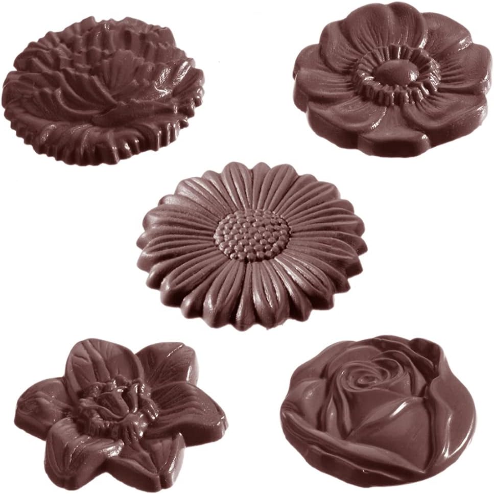 Chocolate World 2224 Clear Polycarbonate Chocolate Mold with 15 Assorted Flower Cavities 45mm Diameter x 7mm High