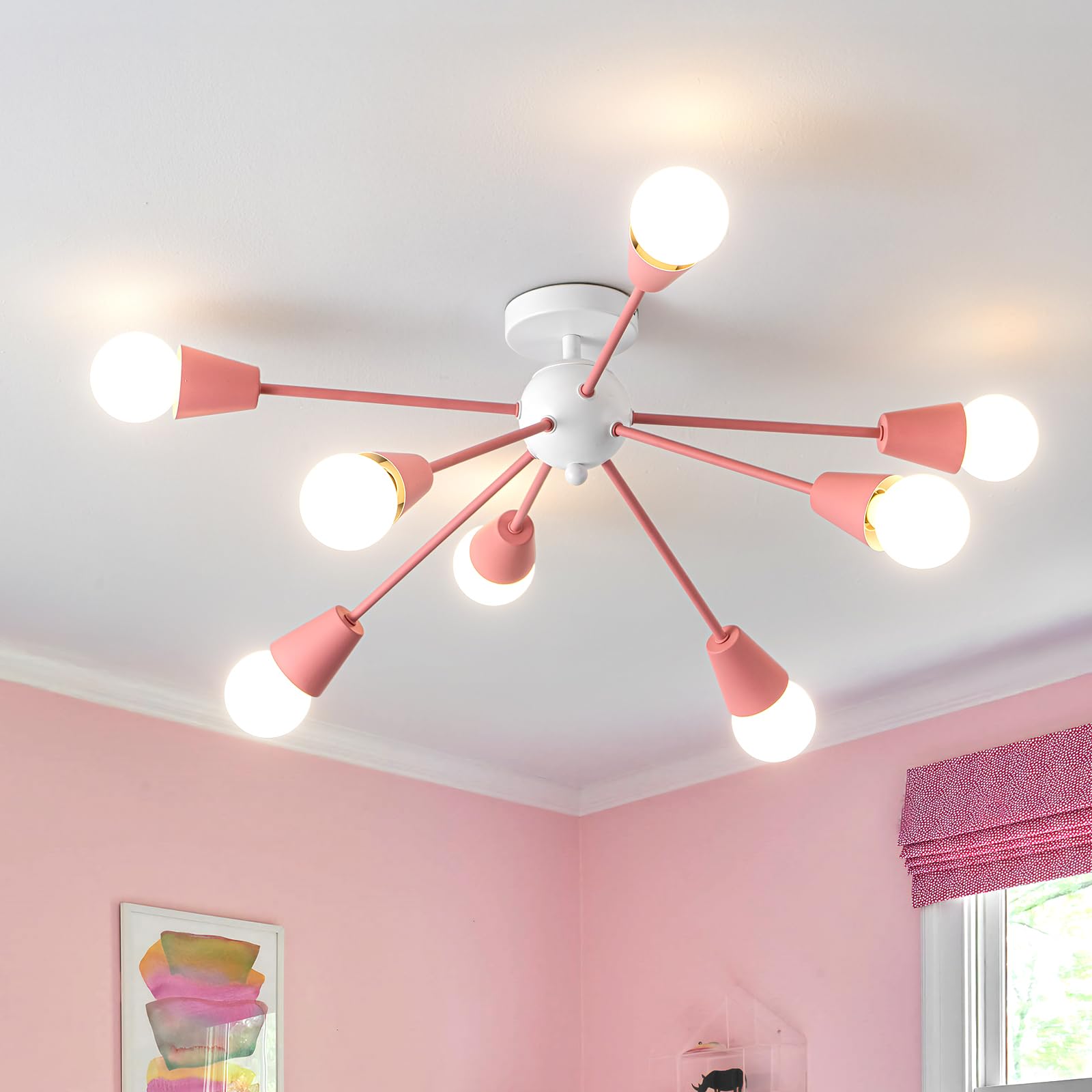 Ymlii Pink Sputnik Chandelier Ceiling Light Fixture, 8-Lights Modern Sputnik Lights Fixture with E26 Base, Semi Flush Mount Ceiling Light for Bedroom