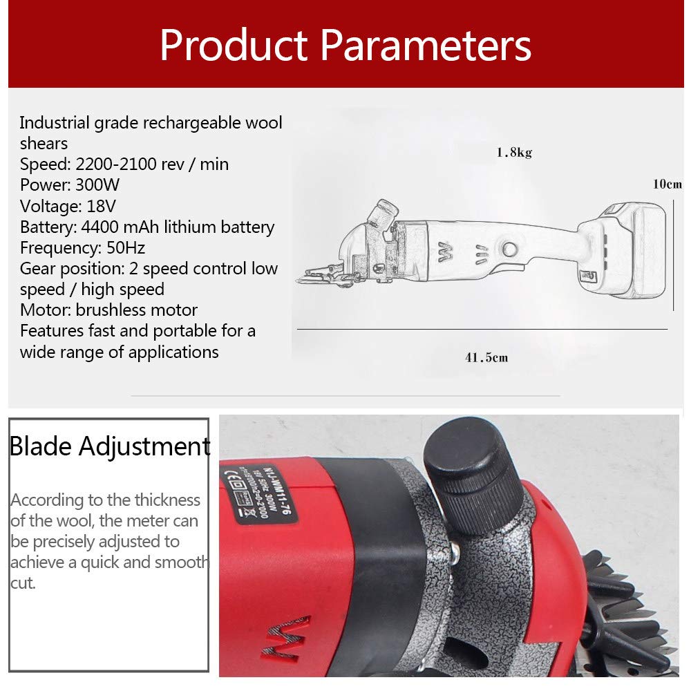 Tijeras de lana eléctricas inalámbricas de 300 W, tijeras de lana ajustables de 2 posiciones para cortapelos, ideal para cortar animales como lana, crin de caballo y lana sucia, rojo (rojo)