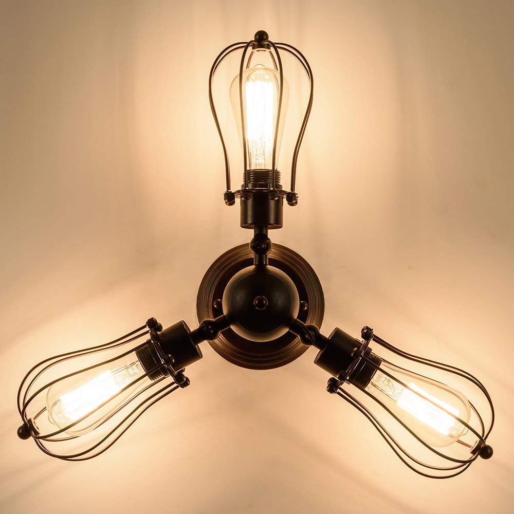 Vintage - Lampada da soffitto industriale a portalampada regolabile in metallo con attacco metallico a montaggio semi-incassato, plafoniera rustica in metallo (senza lampadina) (con 3 lampadine)