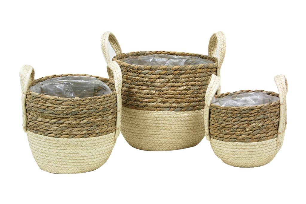 Cesto de seagrass premium artesanal bicolor con asas para decoración de interiores