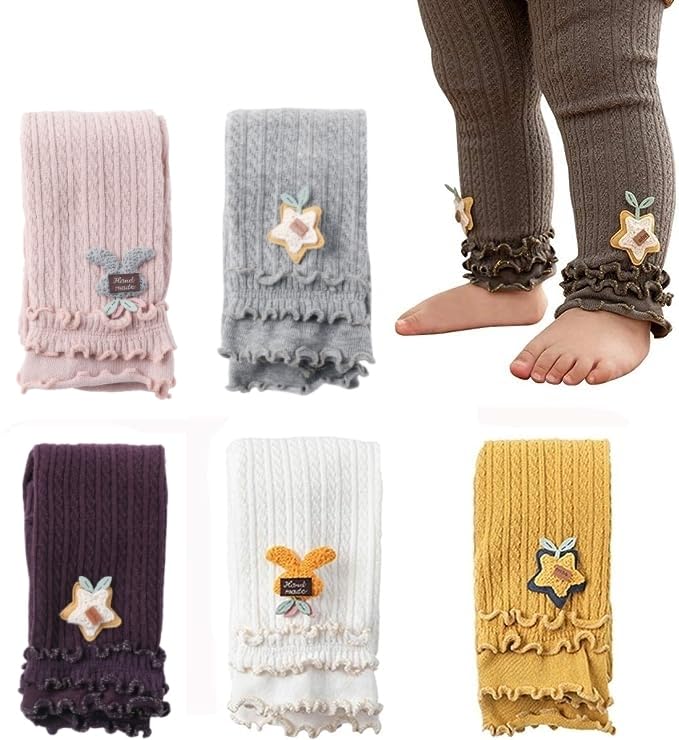 BGMINGYI Pack of 5 Baby Girls Leggings Tights Ruffle Footless Pantyhose Toddler Cable Knit Cotton Long Pants Stockings (L(3-5T), Light Pink, Light Grey, Dark Purple, White, Ginger)