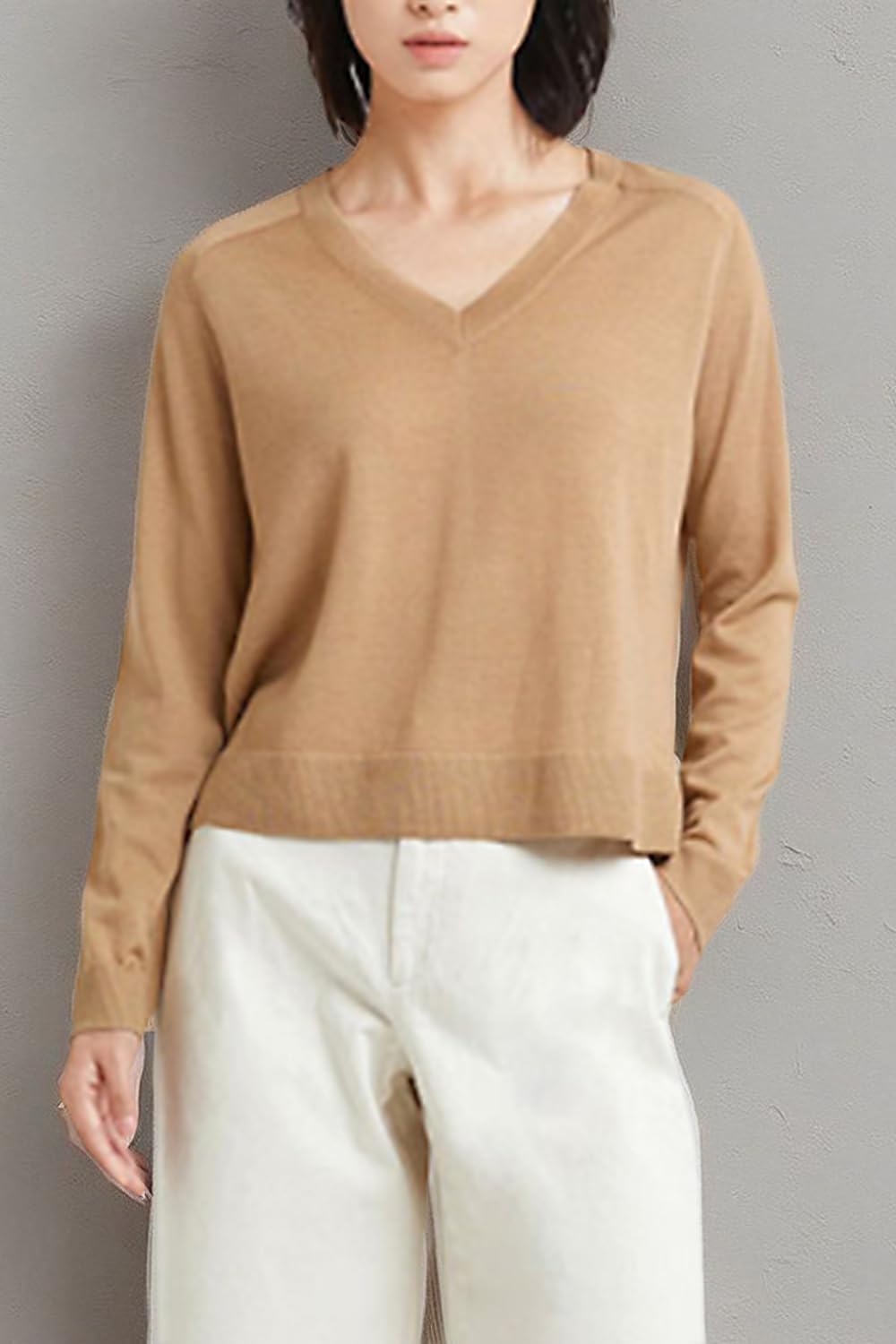 Damen-Pullover aus Merinowolle, lässig, leicht, V-Ausschnitt, Raglanärmel, Strick-Top, lockerer Pullover