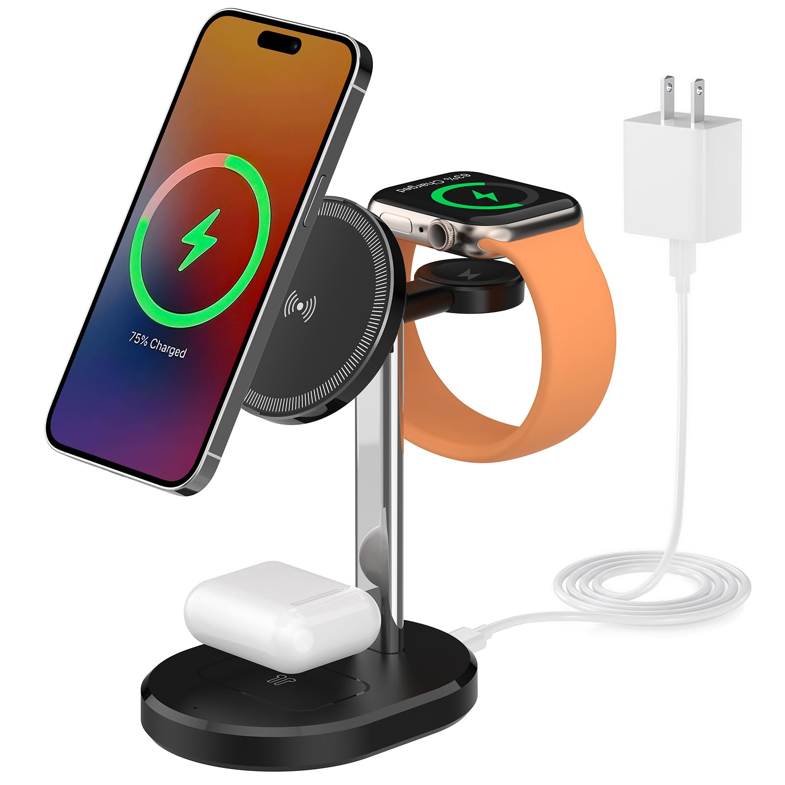 Station de charge sans fil 3 en 1, chargeur amovible Apple Watch et support de chargeur 15 W pour iPhone, chargeur sans fil pour plusieurs appareils iPhone 16/15/14/13, montre et AirPods (noir)