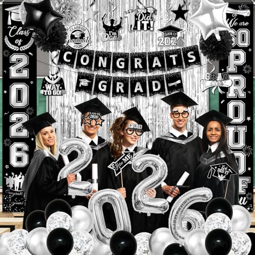 Image of Black and Silver Graduation Decorations, Graduation Decorations with Congrats Grad Banner Fringe Foil Curtain 2026 Balloons Graduation Photo Props for Silver Graduation Decorations Class of 2026