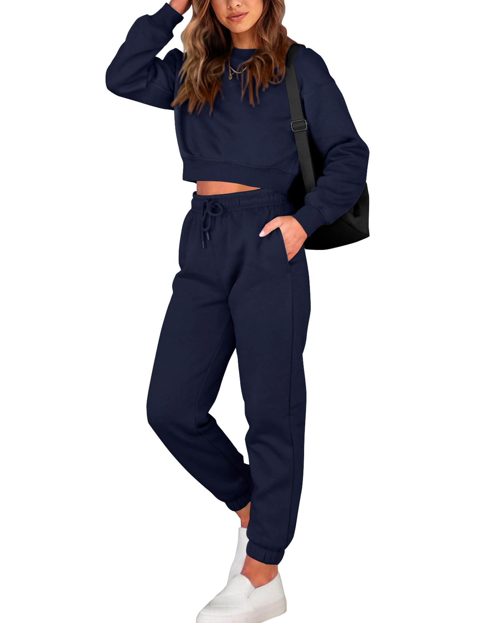 BTFBM Women 2 Piece Outfits Long Sleeve Crop Top Pullover Drawstring Pant Jogger Set Casual Sweatsuits Tracksuit Pockets