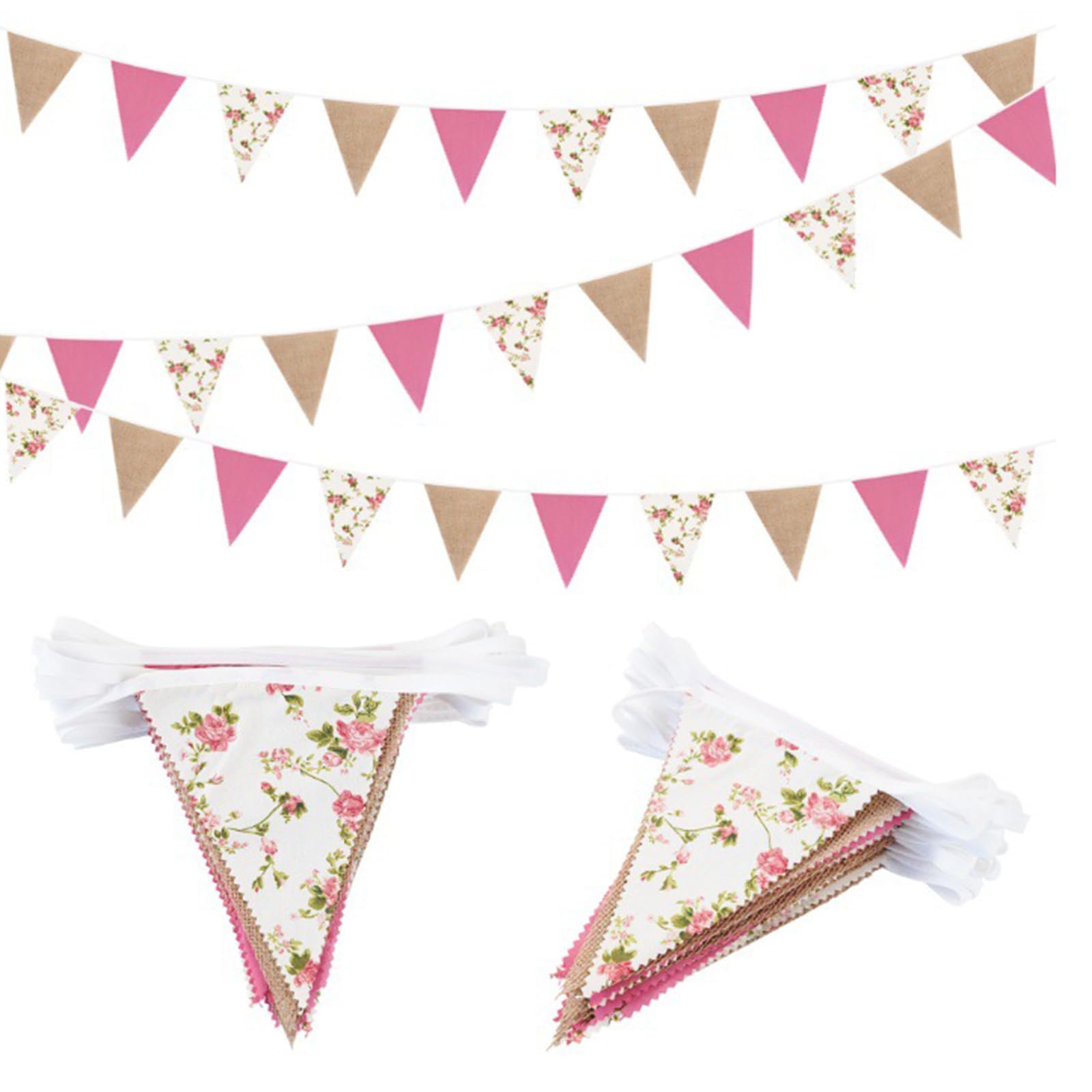 32 Ft Vintage Floral Bunting Banner, Fabric and Hessian Bunting, Hessian Garland Streamer, Outdoor Garden Bunting Decorations for Tea Party, Wedding Room and Birthday (Pink)