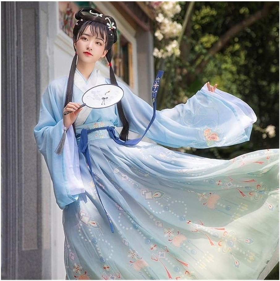 New Women Hanfu Traditional Chinese Clothing Festival Outfit Embroidery Ancient Folk Stage Performance Dance Costumes (Color : Blue, Size : S)