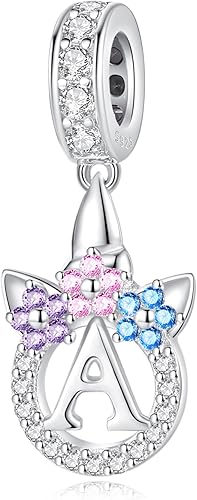 TOMXUN Dijes de letras para pulsera plata de ley 925 con iniciales de unicornio para pulseras y collares con circonita cúbica, dije del alfabeto,