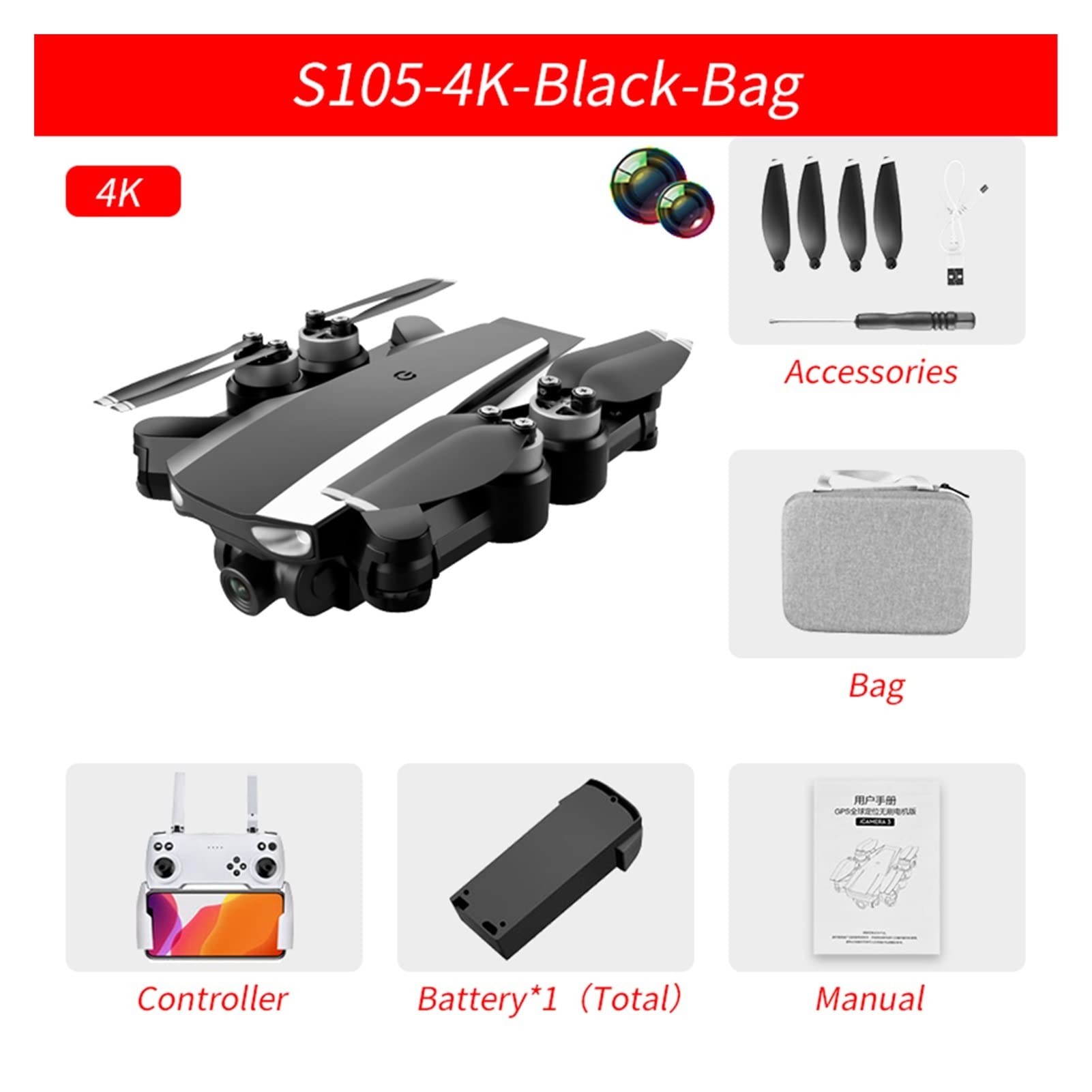 Składany dron Quadcopter 4K HD Podwójna kamera z GPS 5G WiFi FPV Transmisja w czasie rzeczywistym Bezszczotkowy silnik Rc Odległość 2 km Profesjonalna zabawka drona (Kolor: 4K-Bag Rozmiar: 1) (Torba