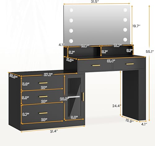 Miniatura 6 de AOGLLATI Escritorio de maquillaje con espejo, luces y estación de carga, mesa de tocador negra con 3 cajones LED, escritorio de maquillaje con 3