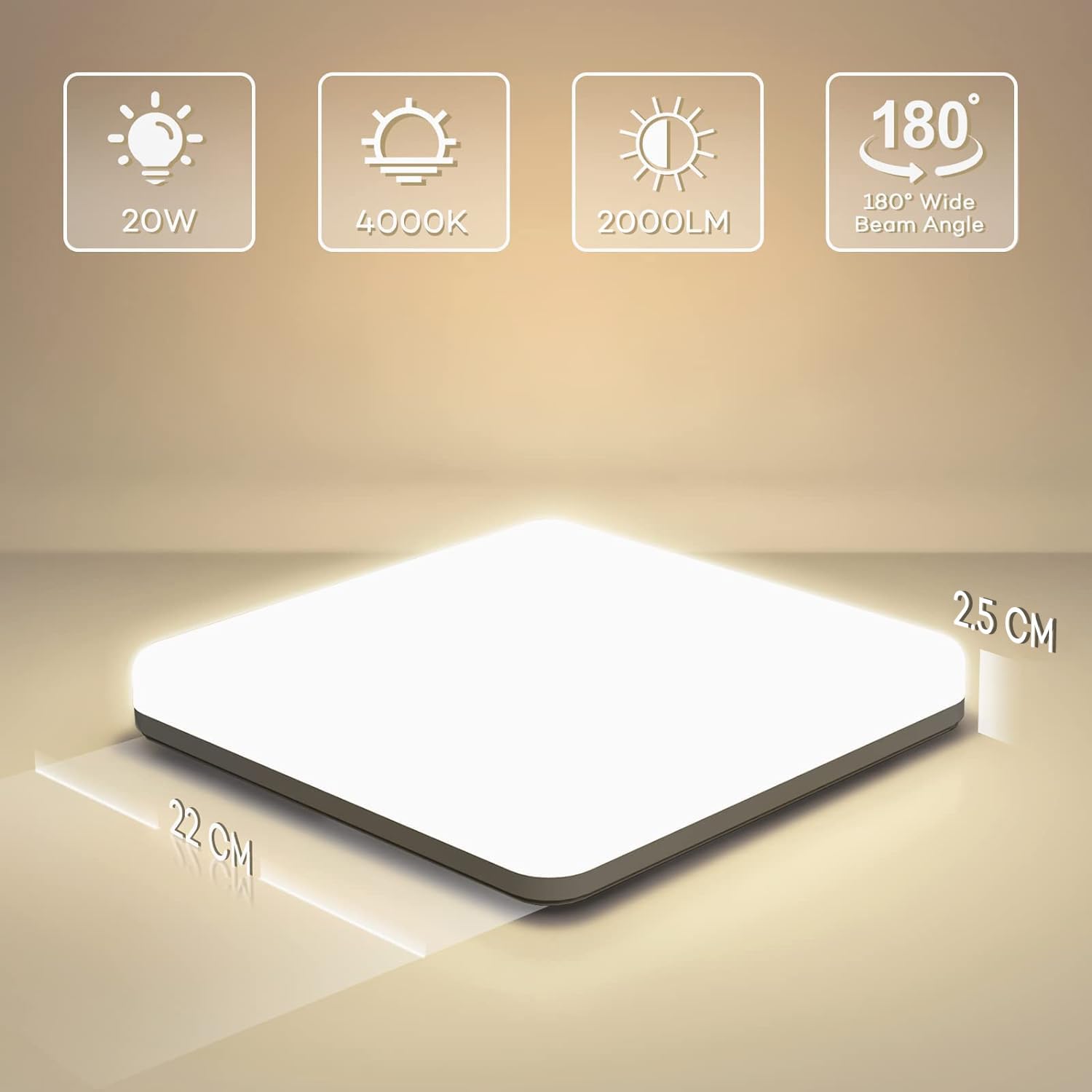 Plafoniera LED Soffitto Quadrata 20W, Lampada da Soffitto LED Moderno 4000K 2000LM Plafoniera Bagno IP44 Impermeabile Plafoniere da Ufficio Luce Soffitto per Camera da Letto Cucina Soggiorno Balcone