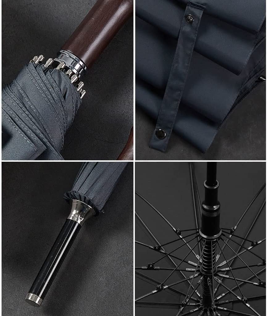 Parasol Damski Parasol Do Golfa Retro Wiatroodporny Parasol W Sztyfcie 12 Kości Drewniany Uchwyt Przeciwdeszczowy Automatyczny Otwarty Parasol Parasolka Kobieca (Color : Black, Size : 99cm)