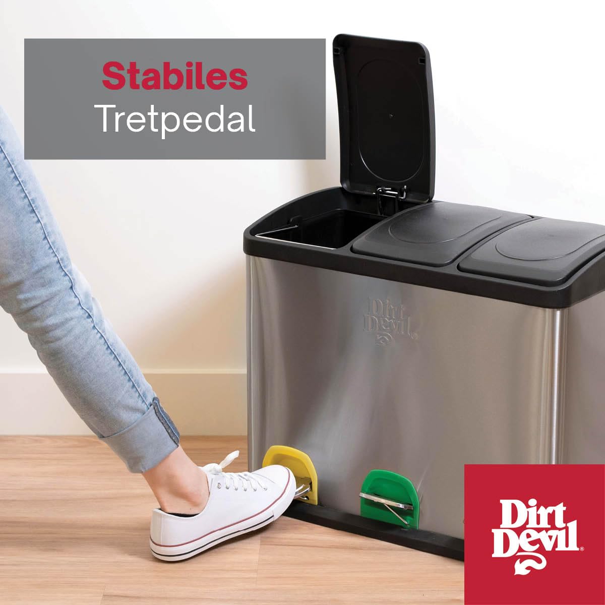 Dirt Devil Tretmülleimer 3 x 15L - Mülltrennsystem mit 3 Fächer - Abfalleimer Küche - Mülleimer mit Soft Close Deckel - 59 x 30 x 47.5 CM - Treteimer aus Edelstahl - Silber