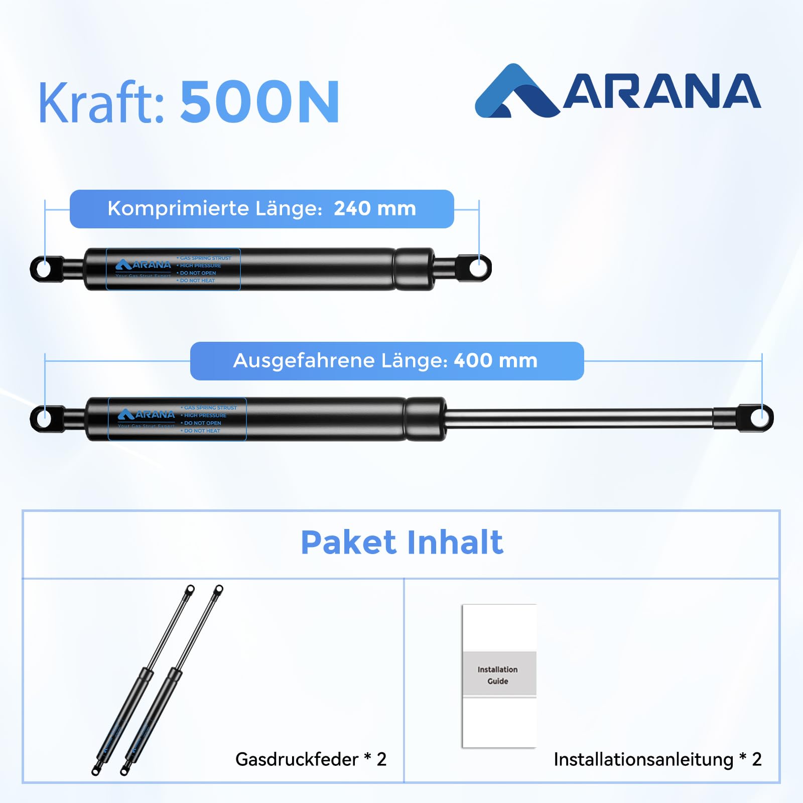ARANA Sprężyny gazowe 400 mm, 500 N, 51 kg, zamiennik amortyzatora gazowego, uchwyt hydrauliczny do drzwi szafy, narzędzia, skrzynka na zabawki, osłona skrzynki, drzwi kampera, "zrób to sam", 2 sztuki