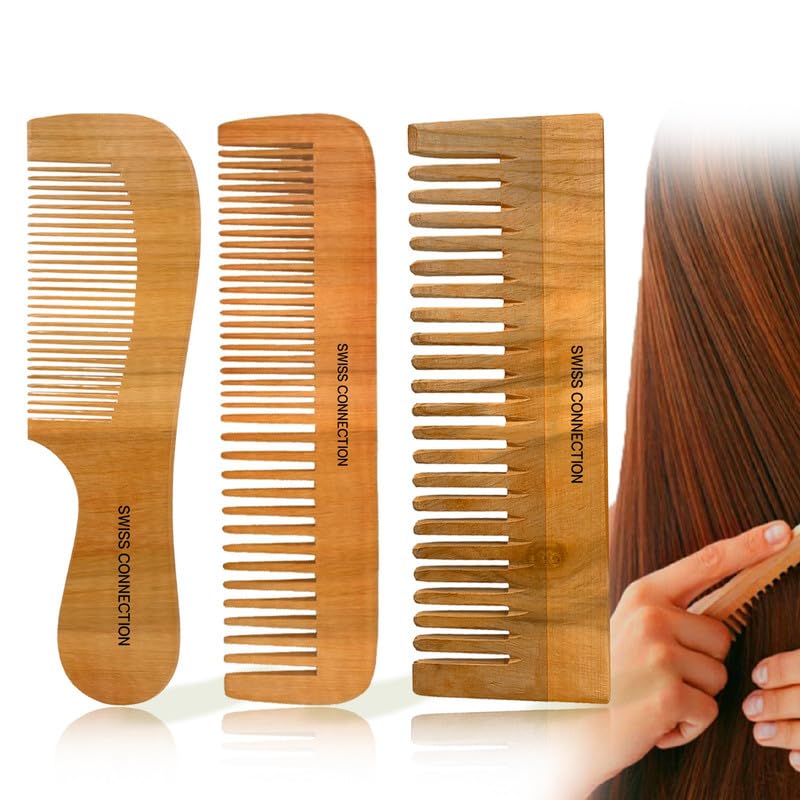 Swiss Connection Wooden Comb Set of 3 – Natural Neem Wood Hair Combs for Men & Women – Anti-Dandruff, Scalp Massager Comb for Hair Growth & Daily Grooming-picture-47