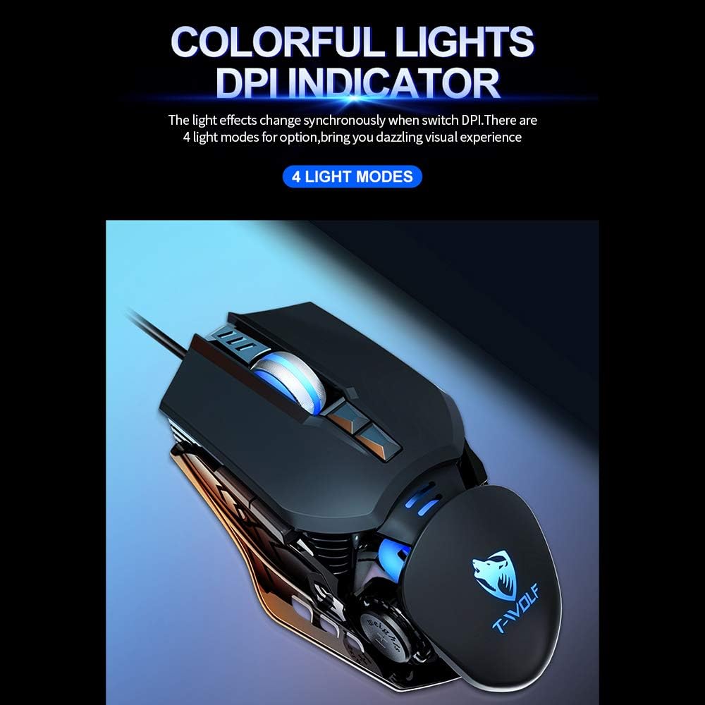 T-Wolf G530 Gaming Mouse showing colorful lights and DPI indicator