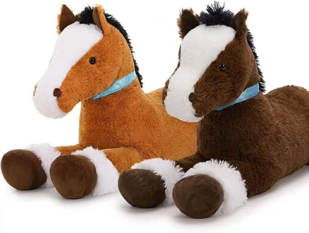 MaoGoLan 33 Inch Giant Horse Stuffed Animal Brown Dark Brown Pony Plush Pillow 2in1 Pack