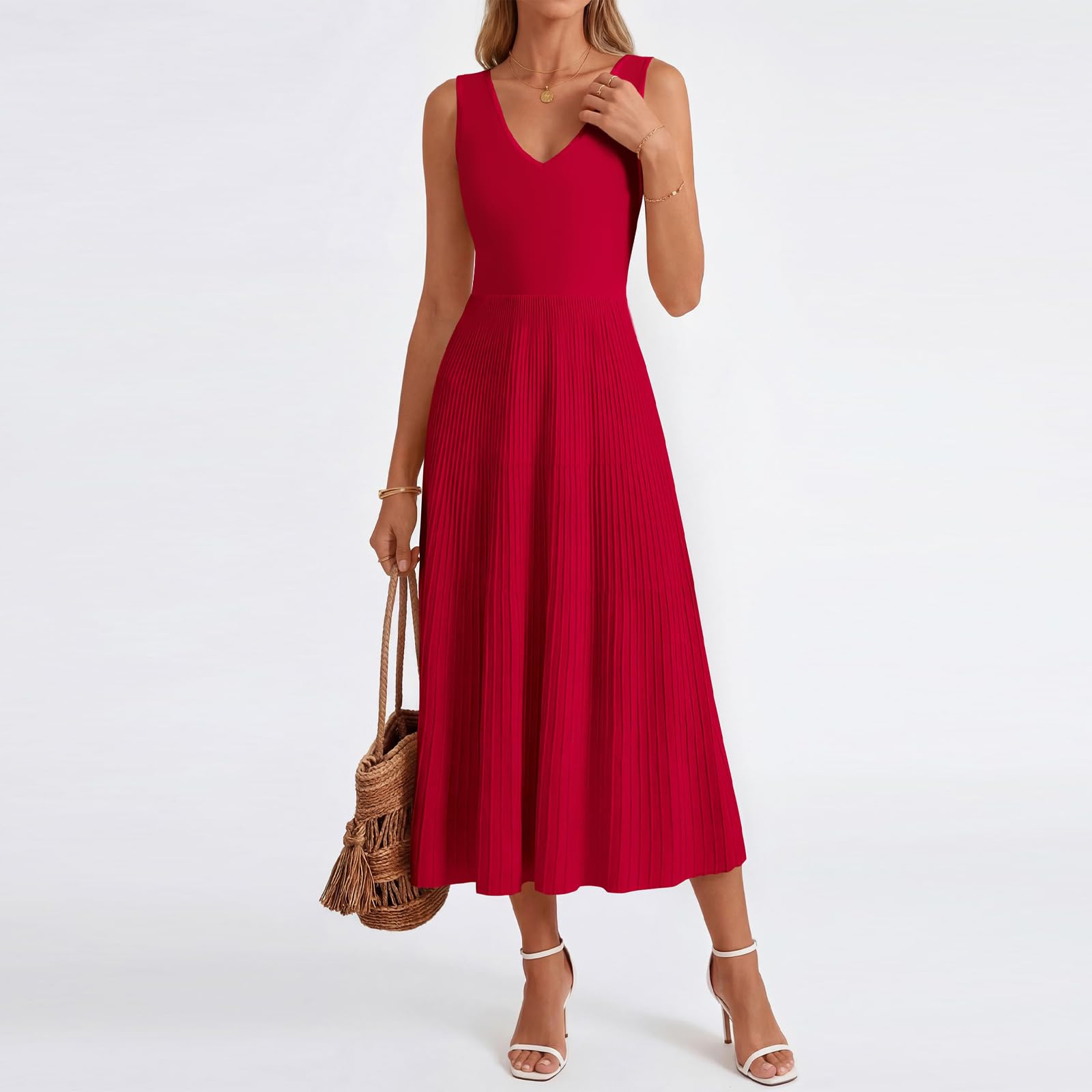 Vestito Donna Elegante Abito da Sera Senza Maniche con Scollo a V Abiti Lungo Plissettato Linea A Swing Abito da Cocktail per Festa Party