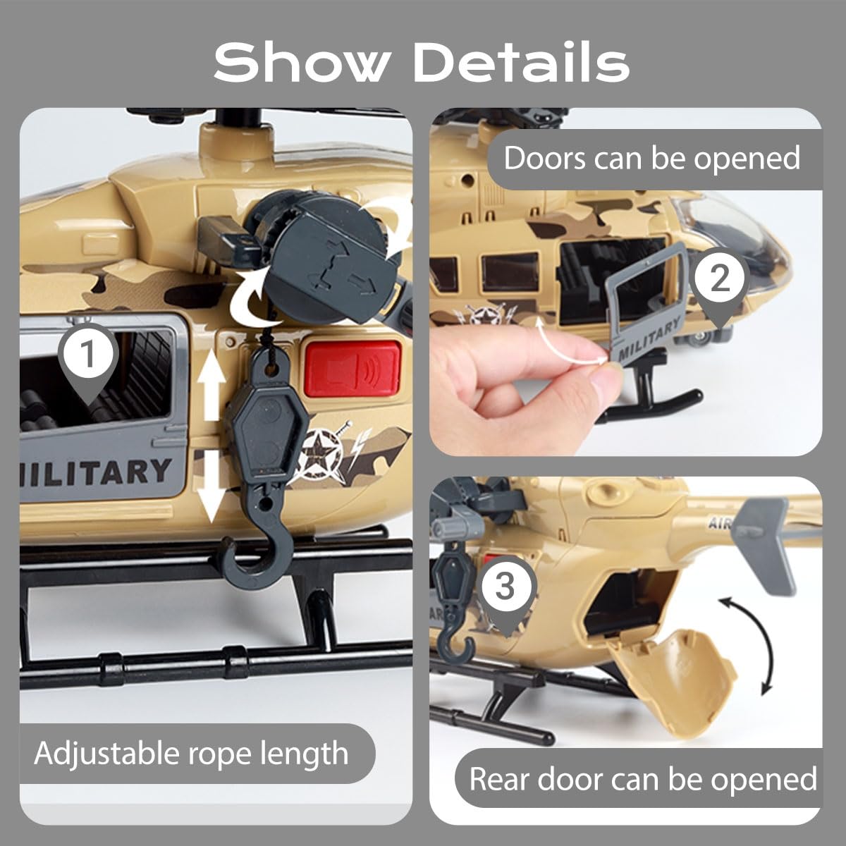 Rescue Helicopter Toy with Lights and Sounds,Emergency Crane Toy with Hanging Tray, Kids Toys for 3 4 5 6 7 Years Old Boys (Military Helicopter)