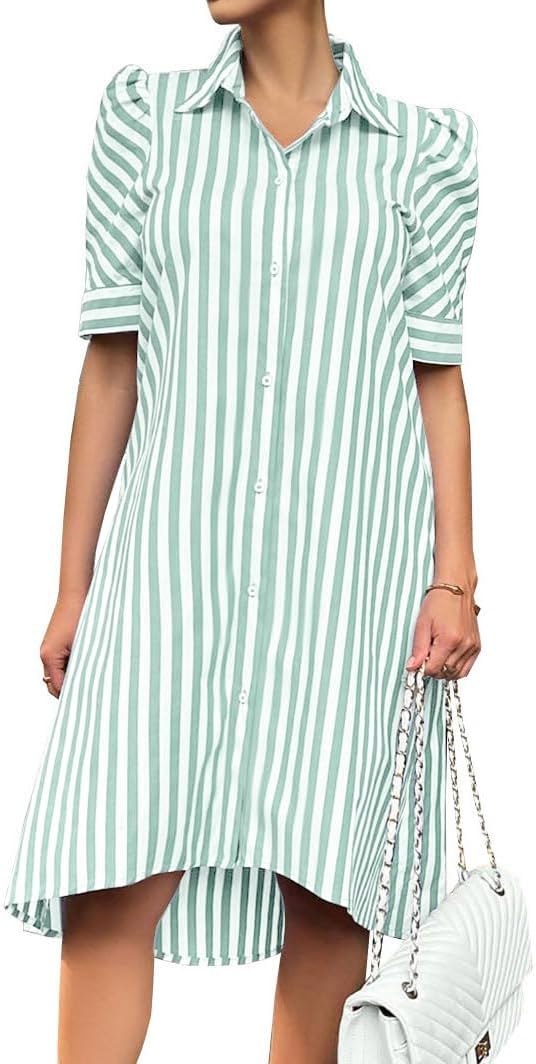 chouyatou Women's Summer Puff Short Sleeve Striped Shirt Dress Button Down Lapel Midi Long Shift Dress with Pockets