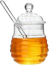 GuDoQi Honey Jar with Dipper and Lid, 250ml Glass Honey Pot, Syrup Dispenser, Glass Honey Container for Storage