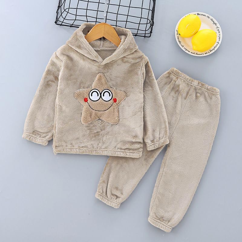 Image of Bold N Elegant Unisex Kids Fleece Printed Smiling Star Warm Fur Pullover Sweatshirt Hoodie Tshirt and Jogger Pant Winter Clothing Set Dress