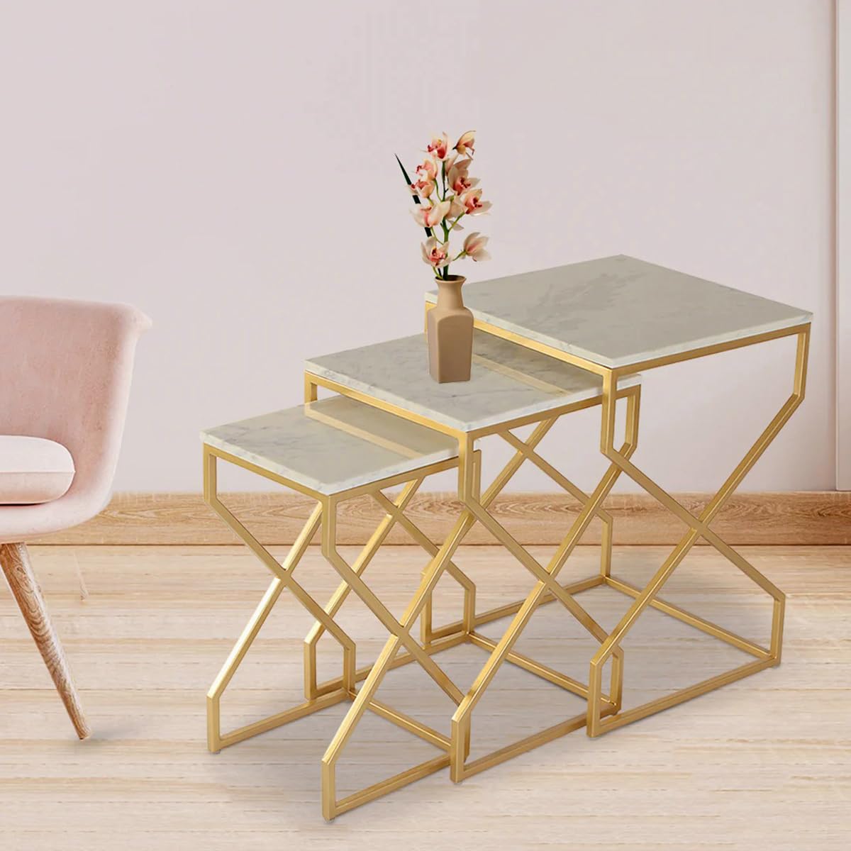 Cruzz Set of Tables for Living Room|Marble + Iron|White + Gold Matt Finish