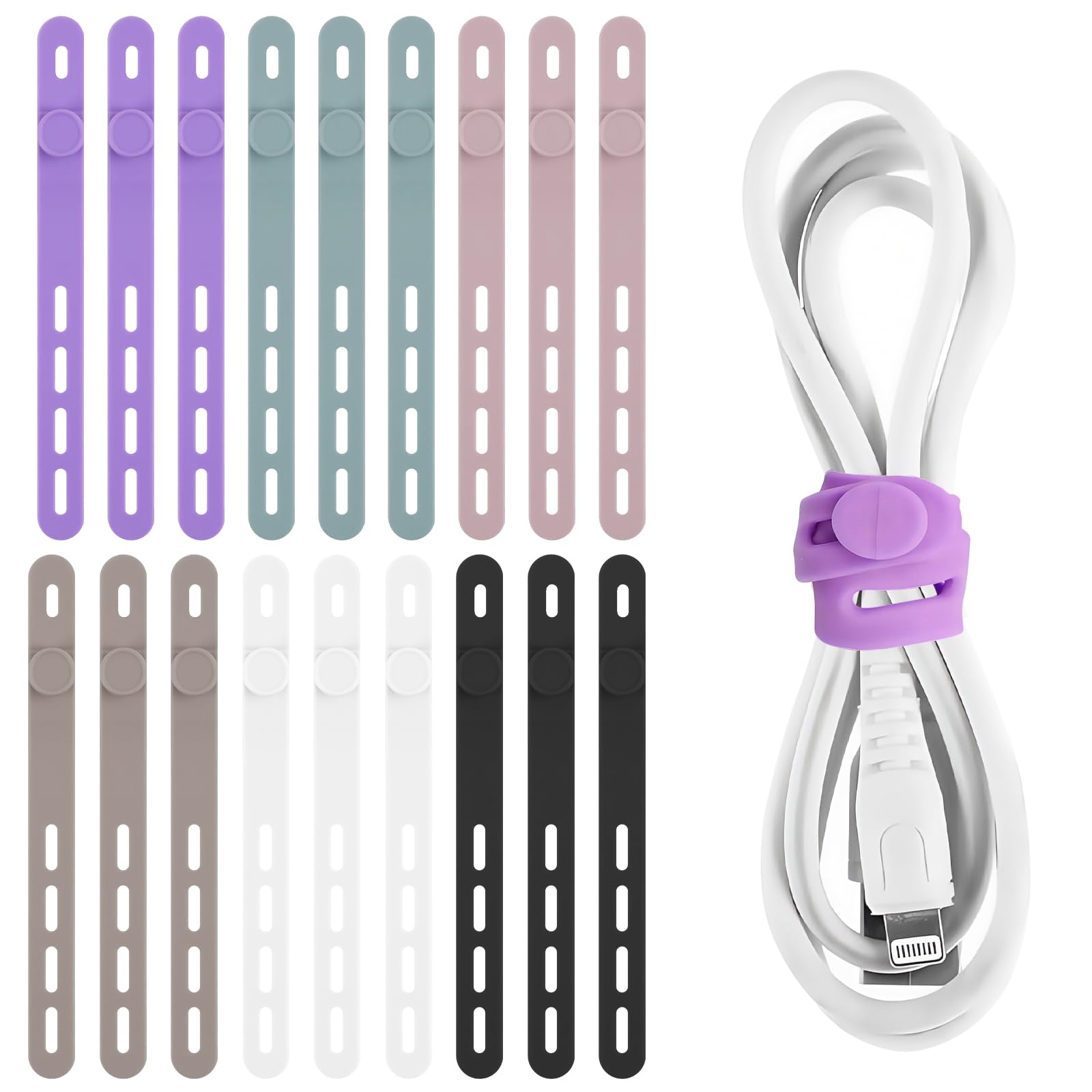 18Pcs Silicone Cable Ties, Adjustable Silicone Cable Straps, Multi-Color Silicone Cord Tie, Cable Tidy with Lock Buckle, Reusable Cable Straps for Organising USB, Headphone