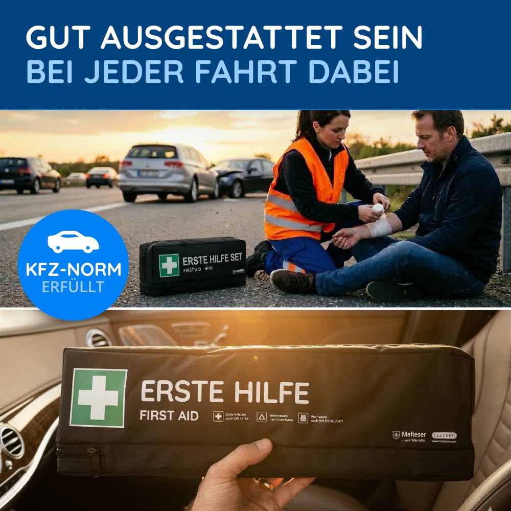 Trousse de premiers secours pour voiture avec triangle de signalisation et gilet de signalisation conforme à la norme DIN 13164:2022 | Valable pour 2025 | Boîte de premiers secours pour voiture