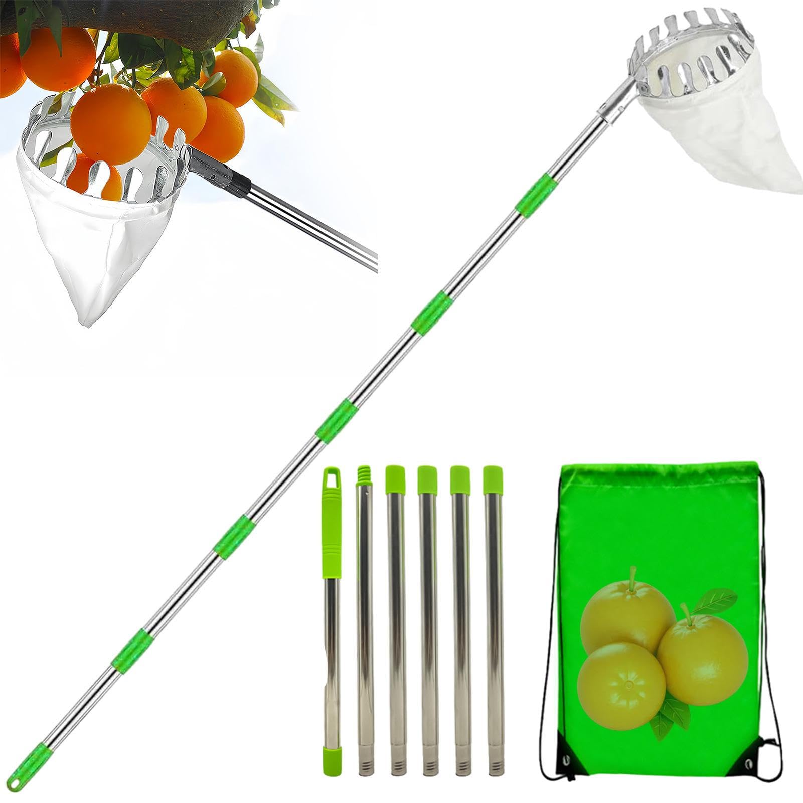 Fruit Picker Pole with Basket, 2025 New Fruit Picker Head Basket with Telescopic Extendable Pole, High Altitude Portable, Metal Head Fruits Picking Harvester Non Slip Grip for Harvesting