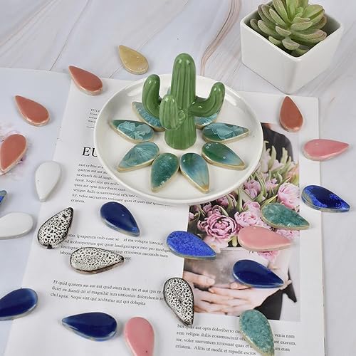 Miniatura 4 de Redvigh Mosaico de cerámica de 17.64 oz, color aleatorio grande forma de gotas de lluvia piezas de cerámica para manualidades, platos, macetas,